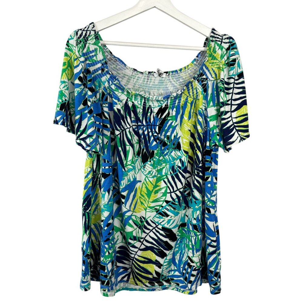 Rose & Olive Blue & Green Tropical Leaf Smocked Neck Blouse